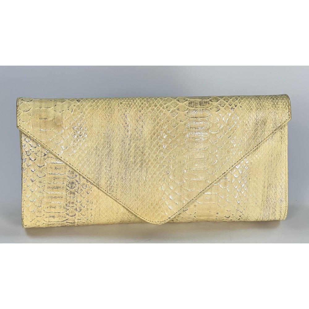 JJ Winters Yellow Metallic Python Snake Embossed Leather Envelope Clutch